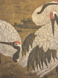 Chinese school: 'Eight cranes under a pine tree', ink and colour on silk, probably Qing