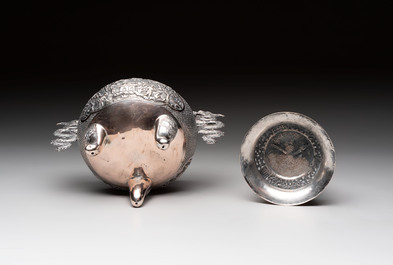 A Vietnamese or Chinese silver tripod censer and cover, 19/20th C.