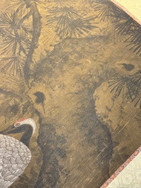 Chinese school: 'Eight cranes under a pine tree', ink and colour on silk, probably Qing