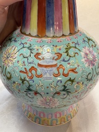 A Chinese famille rose altar vase with 'bajixiang' design, 'benbahu', Qianlong mark, 20th C.
