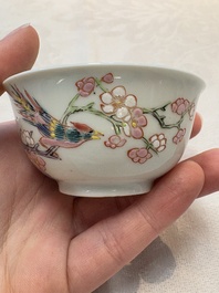 A set of six Chinese famille rose cups and saucers with birds among flowering branches, Yongzheng/Qianlong
