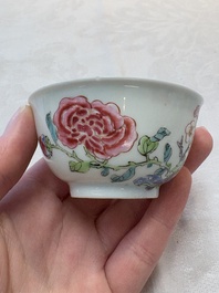 A set of six Chinese famille rose cups and saucers with birds among flowering branches, Yongzheng/Qianlong