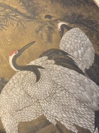 Chinese school: 'Eight cranes under a pine tree', ink and colour on silk, probably Qing