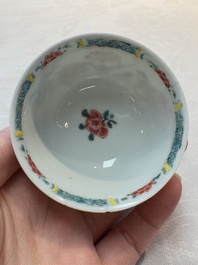 A set of six Chinese famille rose cups and saucers with birds among flowering branches, Yongzheng/Qianlong