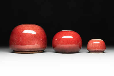 Three Chinese copper-red-glazed water pots, Kangxi mark, 19th C.