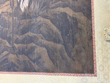 Chinese school: 'Eight cranes under a pine tree', ink and colour on silk, probably Qing