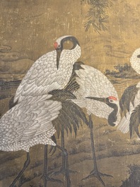 Chinese school: 'Eight cranes under a pine tree', ink and colour on silk, probably Qing