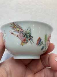 A set of six Chinese famille rose cups and saucers with birds among flowering branches, Yongzheng/Qianlong