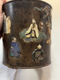 A Chinese hardstone, mother-of-pearl and silver embellished zitan bitong, Chongzhen mark, 17/18th C.