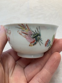 A set of six Chinese famille rose cups and saucers with birds among flowering branches, Yongzheng/Qianlong