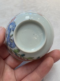 A set of six Chinese famille rose cups and saucers with birds among flowering branches, Yongzheng/Qianlong
