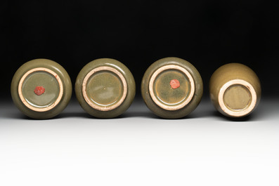 Four Chinese teadust-glazed vases and a brush washer, 19th C.