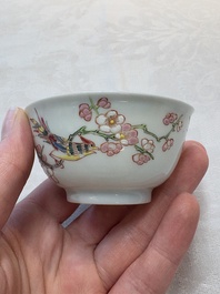 A set of six Chinese famille rose cups and saucers with birds among flowering branches, Yongzheng/Qianlong