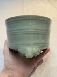 A Chinese Longquan celadon cylindrical tripod censer with &lsquo;trigrams&rsquo; design, Yuan/Ming