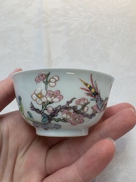 A set of six Chinese famille rose cups and saucers with birds among flowering branches, Yongzheng/Qianlong