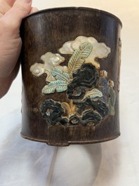 A Chinese hardstone, mother-of-pearl and silver embellished zitan bitong, Chongzhen mark, 17/18th C.