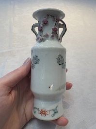 A Chinese famille rose vase and a small qianjiang cai vase, Qianlong mark, 19th C.