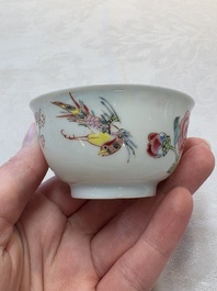 A set of six Chinese famille rose cups and saucers with birds among flowering branches, Yongzheng/Qianlong