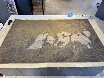 Chinese school: 'Eight cranes under a pine tree', ink and colour on silk, probably Qing