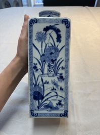 A Chinese blue and white square flask and cover with floral design, Kangxi