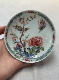 A set of six Chinese famille rose cups and saucers with birds among flowering branches, Yongzheng/Qianlong