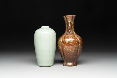A Chinese celadon-glazed vase and a faux bronze-glazed vase, Qianlong mark, 18/19th C.