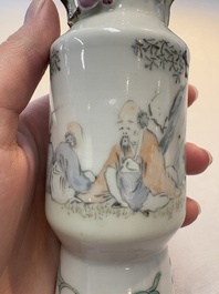 A Chinese famille rose vase and a small qianjiang cai vase, Qianlong mark, 19th C.