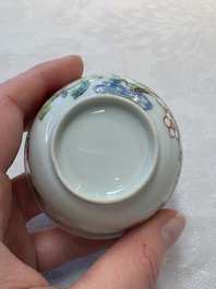 A set of six Chinese famille rose cups and saucers with birds among flowering branches, Yongzheng/Qianlong