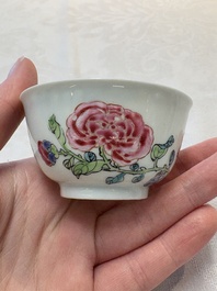 A set of six Chinese famille rose cups and saucers with birds among flowering branches, Yongzheng/Qianlong