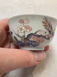 A set of six Chinese famille rose cups and saucers with birds among flowering branches, Yongzheng/Qianlong