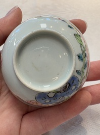 A set of six Chinese famille rose cups and saucers with birds among flowering branches, Yongzheng/Qianlong
