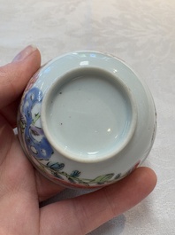 A set of six Chinese famille rose cups and saucers with birds among flowering branches, Yongzheng/Qianlong