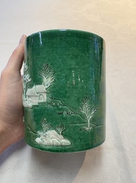 A Chinese verte biscuit 'riverscape' brush pot, artemisia leaf mark, 19th C.
