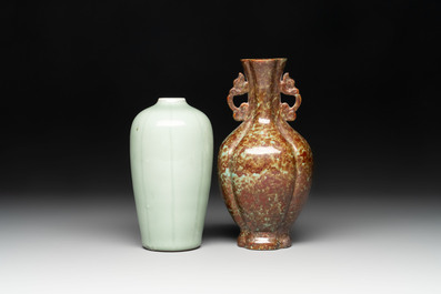 A Chinese celadon-glazed vase and a faux bronze-glazed vase, Qianlong mark, 18/19th C.