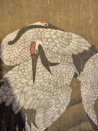Chinese school: 'Eight cranes under a pine tree', ink and colour on silk, probably Qing