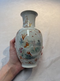 A Chinese famille rose vase and a small qianjiang cai vase, Qianlong mark, 19th C.