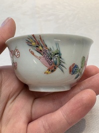 A set of six Chinese famille rose cups and saucers with birds among flowering branches, Yongzheng/Qianlong