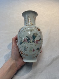 A Chinese famille rose vase and a small qianjiang cai vase, Qianlong mark, 19th C.
