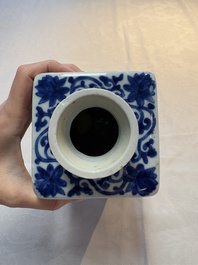 A Chinese blue and white square flask and cover with floral design, Kangxi