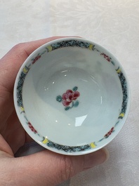 A set of six Chinese famille rose cups and saucers with birds among flowering branches, Yongzheng/Qianlong
