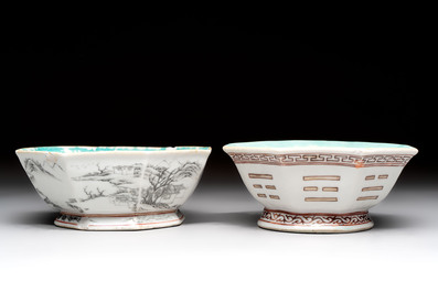 Four Chinese famille rose tazzas, one with a wooden stand, Xianfeng and Tongzhi marks, 19th C.