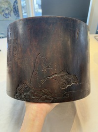 A large Chinese inscribed zitan brush pot, 18/19th C.