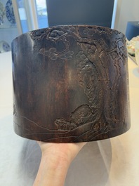 A large Chinese inscribed zitan brush pot, 18/19th C.