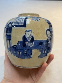 A Chinese famille verte covered vase, a pair of blue and white jars on wooden stands and two jars, 19th C.