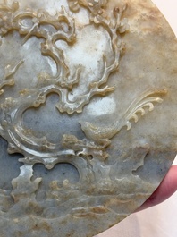 A pair of Chinese carved jade &lsquo;elephant&rsquo; plaques on wooden stands, 19th C.