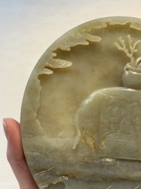 A pair of Chinese carved jade &lsquo;elephant&rsquo; plaques on wooden stands, 19th C.