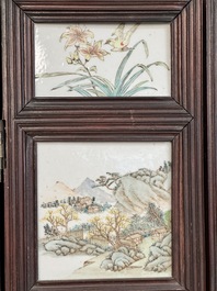 A rare Chinese eight-panel hongmu room divider with 48 qianjiang cai plaques, signed Jia Xingqing 贾醒卿, dated 1902