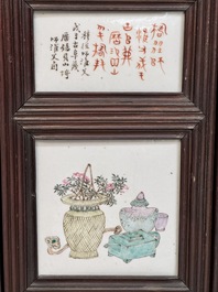A rare Chinese eight-panel hongmu room divider with 48 qianjiang cai plaques, signed Jia Xingqing 贾醒卿, dated 1902