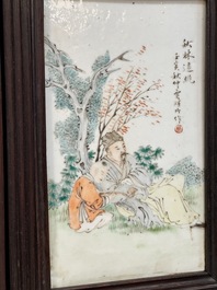 A rare Chinese eight-panel hongmu room divider with 48 qianjiang cai plaques, signed Jia Xingqing 贾醒卿, dated 1902