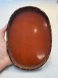 A fine and rare Chinese tortoiseshell-veneered and red-lacquered oval box and cover, signed Wang Wenzhi 王文治, Qianlong mark and of the period